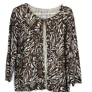 Chico’s Sz 2 Linen Cotton Blend Closed and Open Weave Cardigan Brown Tan Pattern